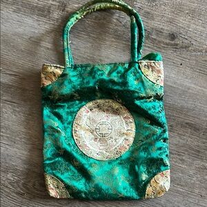 Emerald Green Tote Bag with Shimmery Fabric and Decorative Emblem